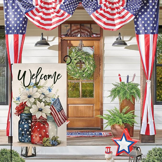 4th of July Floral Garden Flag 12x18 Vertical Double Sided Patriotic Mason Jar Flowers Red Blue Memorial Day Independence Day Holiday Outside Decorations Burlap Yard Flag BW321