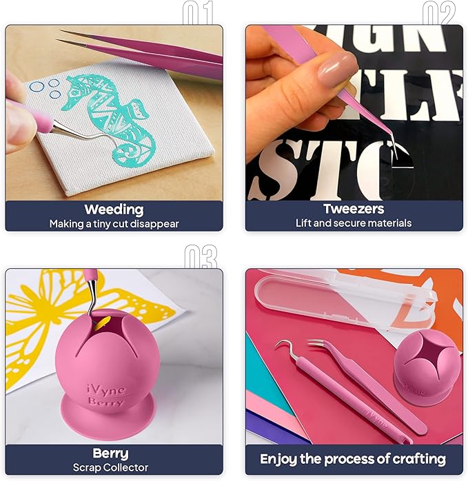 iVyne Berry and Silicone Weeding Tools - Suction Vinyl Weeder, Craft Tweezer, Scrap Collector Holder - Cricut & Silhouette Accessories - Pink
