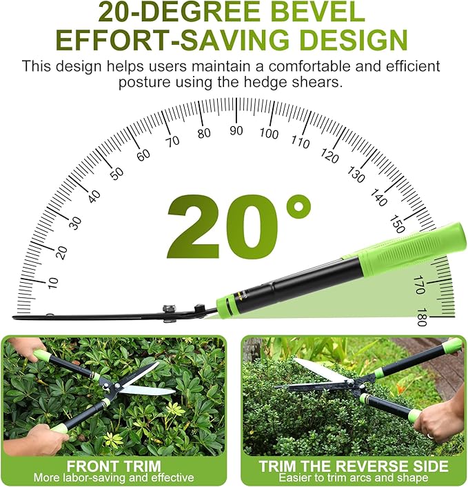 Hedge Shears, Heavy Duty 23-30 Inch Telescoping with Sharp Carbon Steel Blade, Ergonomic 20° Angled Head, Rust-Proof Hedge Trimmer for Shrubs, No Ladder Needed