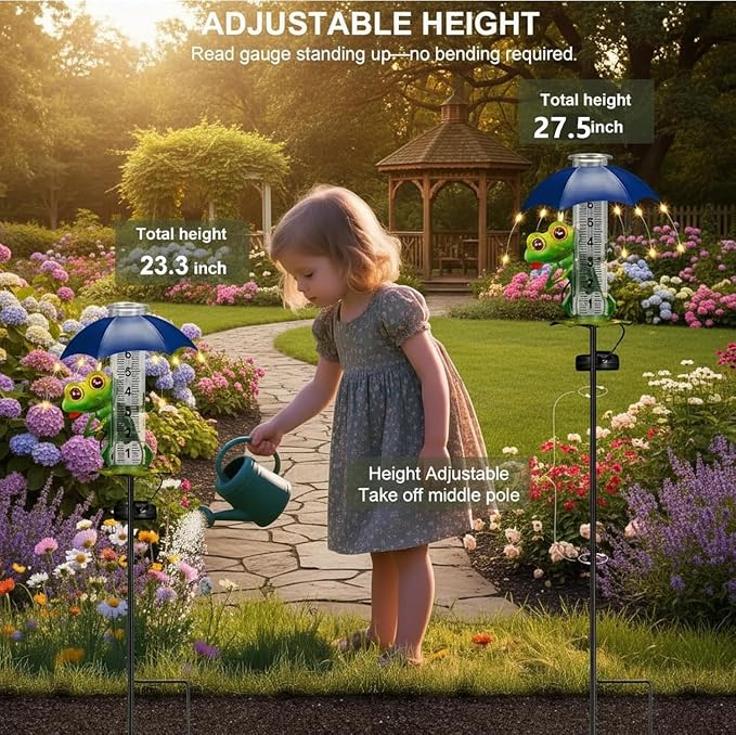 Rain Gauge Outdoor Solar Frog 7-Inch Glass Tube Rain Gauges with LED Lights for Yard Patio Garden Decor,Frog Design Decorative Weather Gauge for Garden, Yard, Lawn, Patio (Multiple Lights)