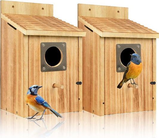 2 Pack Bird Houses for Outside - Cedar Bluebird Houses with Metal Predator Guard, Birdhouse for Wren Bluebirds Finches Swallows, Carbonized Wooden (Assembly Required)