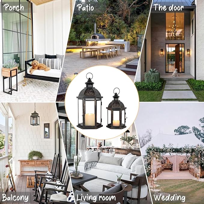 Large Lantern Decorative Outdoor & Indoor, Set of 2 (15’’&11’’) Metal Candle Lanterns Decor, Vintage Hanging Candle Holder for Front Porch Patio Wedding Farmhouse Home, Spring Decoration