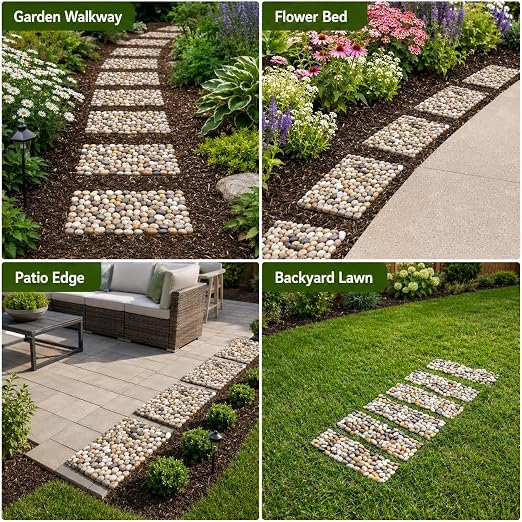 Qualdout River Rocks Stepping Stones Pavers Outdoor for Garden Walkway, Pebbles Polished Gravel for Yard Lawn Patio Pathway Landscaping, 6PCS (Rectangle)