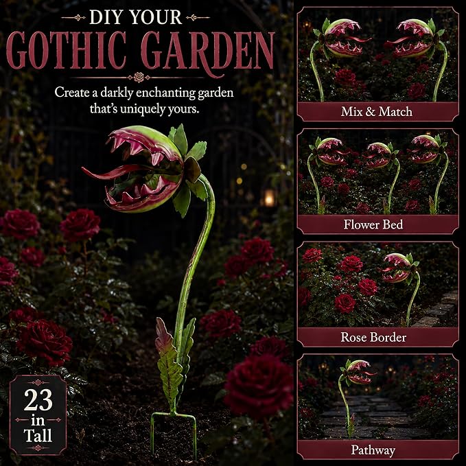 Funny Metal Carnivorous Plant Garden Stake, 25" Large Venus Flytrap Sculpture, Whimsical Outdoor Yard Art for Lawn Patio Planters, Unique Weather-Resistant Garden Decor Gift (Monster Flower 3pcs)