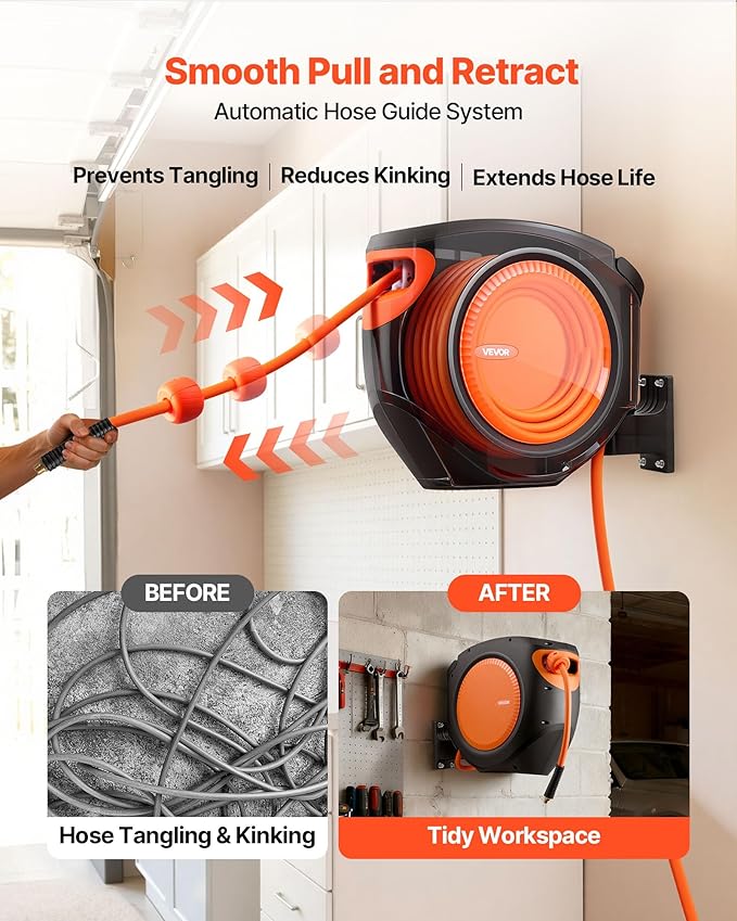 VEVOR Retractable Air Hose Reel, 3/8 Inch x 80 FT Hybrid Air Hose Max 300PSI, Enclosed Air-Compressor Hoses Reel Auto Rewind with 6.6 ft Lead in, 180° Swivel Ceiling/Wall Mount for Workshops