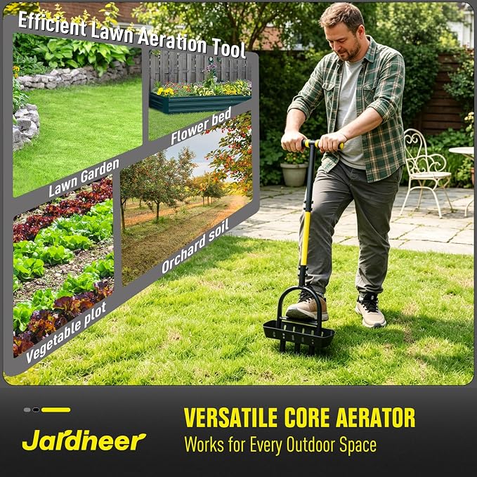Jardineer Lawn Aerator Coring Tool with Soil Core Tray, Core Aerator with 4" Deep Plugs and Wider Foot Pedal, Manual Grass Plug Aeration Tool for Compacted Soil, Improving Lawn Health | Core Aerator with Soil Tray