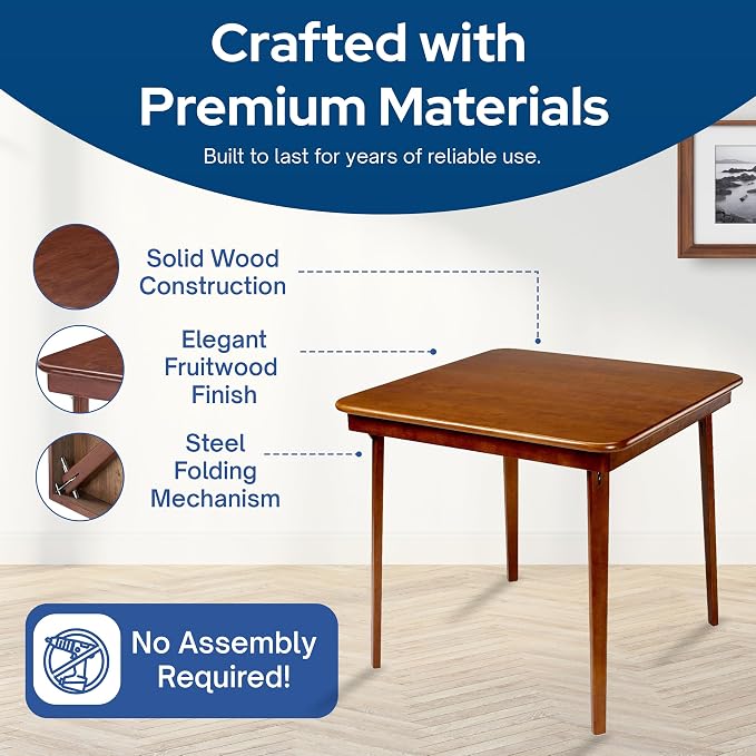 Stakmore Classic Straight Edge Square Folding Card Table 32x32 - No Assembly Wooden Foldable Card Table, Bridge, Board Game, Steel Mechanism, Folding Legs, Space-Saving, Fruitwood Frame