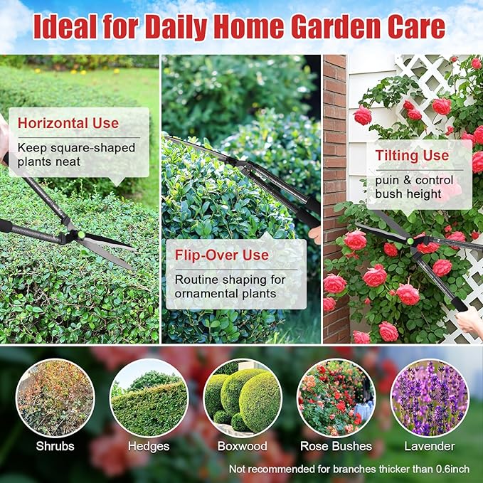 Sharp Hedge Clippers Shears Clean Cuts - 2×Leverage Long Handles for Effortless Trimming,Teflon Coated Anti-Slip Cutting Wavy Blades,Lightweight Hedges Shears for Gardening Yard Shaping Shrubs Bush
