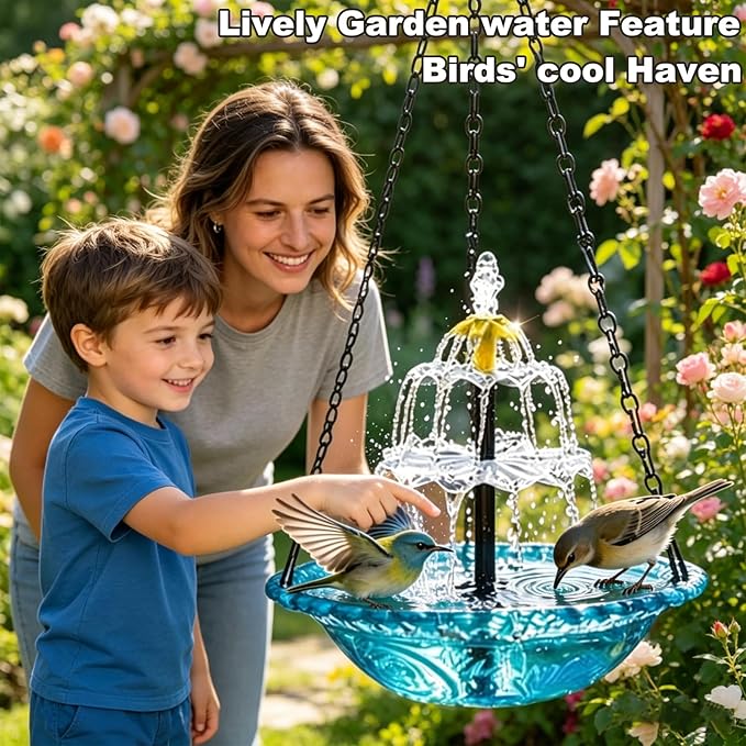 New Hanging Solar Bird Bath Fountain,3 Layers Hanging Bird Bath for Outside with Solar Fountain,Flowing Water Large Humming Birds Baths Fountains with Solar Pump & Plastic Bowl, for Outdoor, Gardens