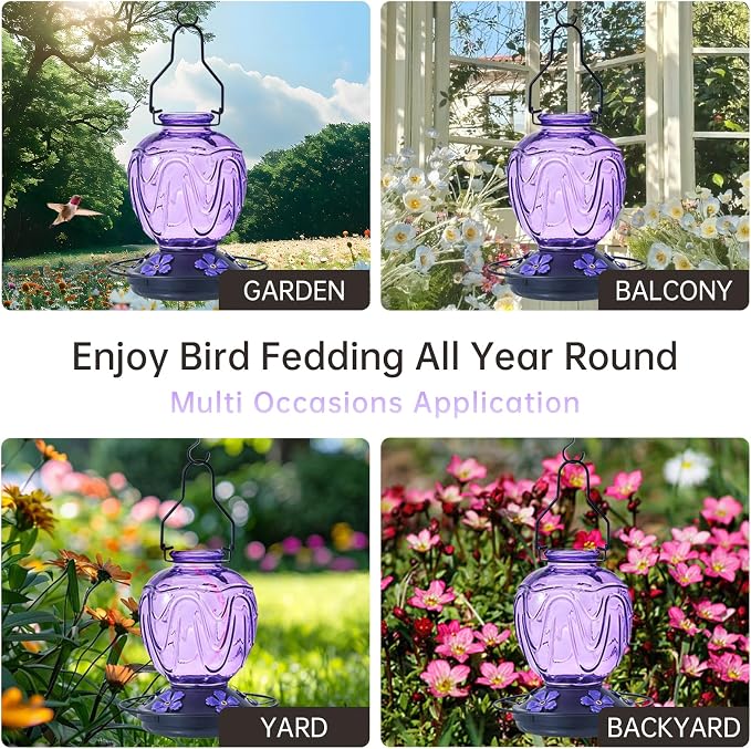 2 Pack Glass Hummingbird Feeder for Outdoors Hanging, 24Ozs Humming Bird Nectar Feeder w/Perch, 5 Flower Feeding Ports, Leak Proof Base and Hook for Outside Garden Backyard Decor, Purple