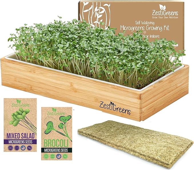Organic Self-Watering Microgreens Growing Kit – Reusable Indoor Grow Tray with Organic Seeds, Grow Mats & Bamboo Frame – Easy No-Soil Microgreens Starter Kit (Broccoli & Salad Mix)