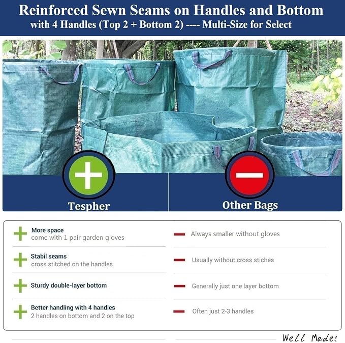 Professional 3-Pack 80 Gallon Lawn Garden Bags (D26, H33 inch) Reusable Yard Waste Bags with Gardening Gloves for Leaf Bag,Garden Pruning,Yard Debris Container,Lawn Weeds,Grass Clippings Bag 4 Handles