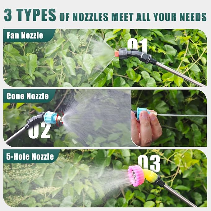 Battery Powered Sprayer 2 Gallon - Upgraded Anti-Bend Hose Electric Garden Sprayer, Rechargeable Pump Sprayer with 3 Mist Nozzles, Retractable Wand, Adjustable Strap for Lawn, Plant Watering (Green)