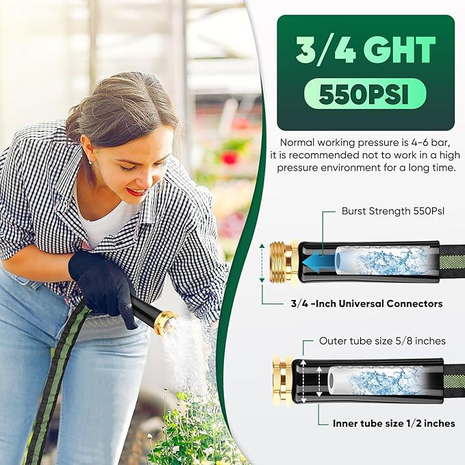 Garden Hose 100 FT, Lightweight Water Hose with 3/4", Non-Expanding, Potable, Easy Storage, Portable and Flexible Kink-Free PVC Inner Core, 500 PSI Burst Strength Outdoor Hose for Garden, Green
