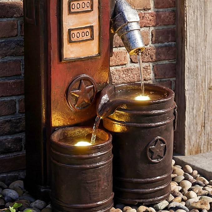 20-Inch Outdoor Water Fountain, 3-Tier Outdoor & Indoor Vintage Gas Pump Statue Resin Waterfall Fountain with 2 LED Lights, Home Decor for Patio, Garden, Backyard, Deck, Lawn, Porch in Red