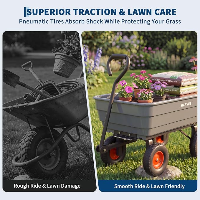 Garvee Poly Garden Dump Cart, Heavy Duty 600lbs Wheelbarrow Yard Cart Dump Wagon with 10”All Terrain Wheels, Garden Utility Wagon with Quick Release System& Convertible Handle Attach to ATV (Gray)