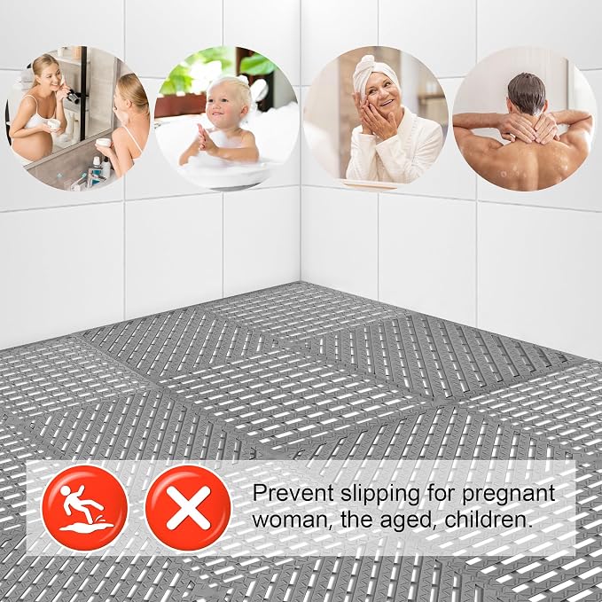 MYFAMIREA Modular Interlocking Cushion 12 Pack 11.8" x 11.8" Rubber Floor Tiles Non-Slip Splicing Drainage Mats for Deck, Pool, Shower, Patio, Balcony, Bathroom, Kitchen, Yard (Diagonal, Gray)