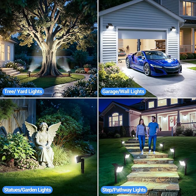 Solar Spot Lights Outdoor Waterproof IP65, Super Bright LEDs with Lens, 6500K 2 Lighting Modes, 2 in 1 Auto On/Off Solar Powered Spotlights for Outside Landscape Holiday Decor, 4 Pack
