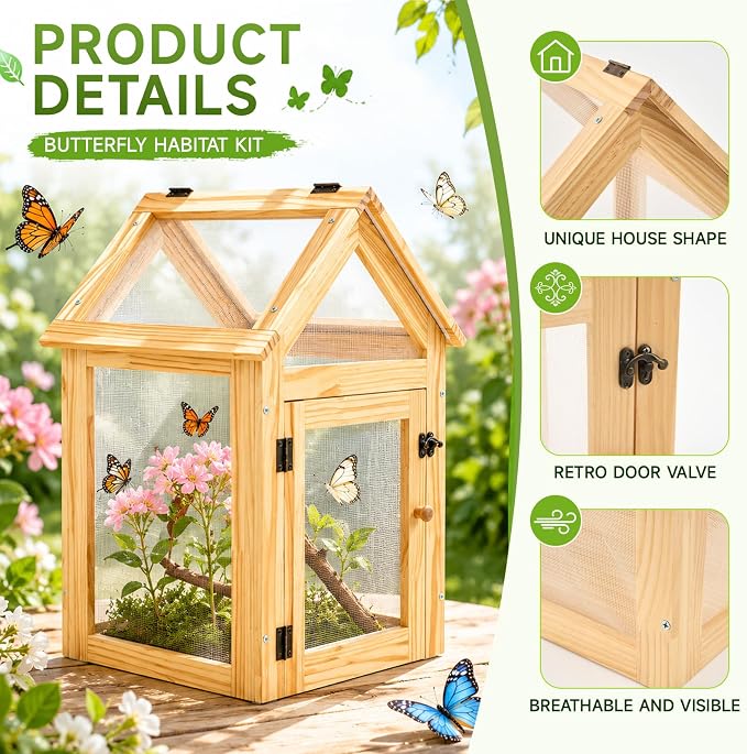 Cinnvoice Butterfly Habitat Cage Kit 19.7" Outdoor Large Insect Mesh Cage Terrarium Garden Grow Tent for Hatching Butterflies, Education Science Parent Child Interaction Observation