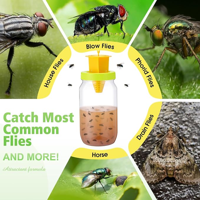 18 Pack Fly Traps Outdoor, Reusable Fly Catcher Bottles with Bait Hanging Flies Traps with Non-Toxic Dissolvable Bait Refills for Flying Insect Drain Patio Garden Yard Barn Outdoor