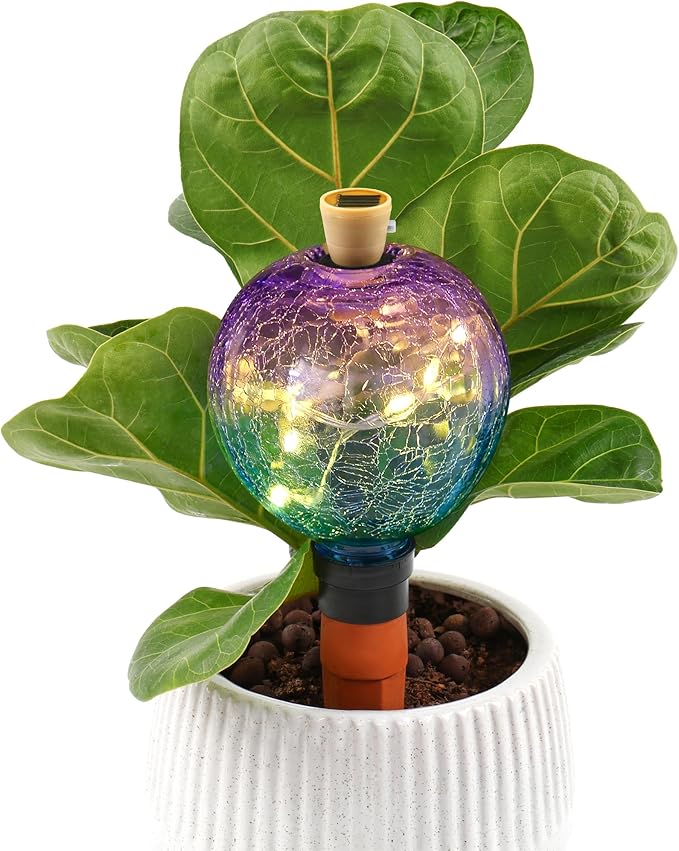 SAVENNA Crackle Glass Plant Watering Globe with Terracotta Spike,Self-Watering Irrigation for Potted Plants, with Solar Accent Light for Indoor & Outdoor Décor, 17oz, Purple–Blue Gradient