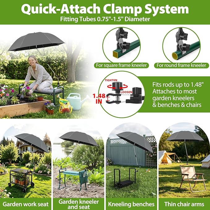 Garden Kneeler Umbrella,42” Large Chair Umbrella with Universal Clamp, 360°Swivel and UPF 50+ Protection,Folding Clip on Umbrellas for Garden Seat Bench Beach Chairs Strollers Golf Carts, NO KNEELER