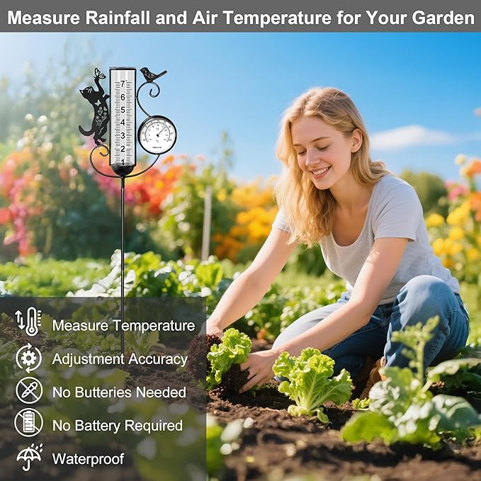 shumi Rain Gauge Outdoor with Thermometer Garden Decor, Bird and Cat Decorative Outdoor Rain Gauges for Yard Patio Lawn, Gardening Gifts for Women