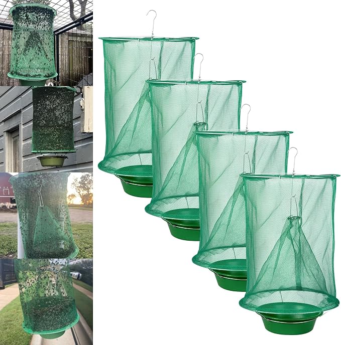4 Pack Ranch Fly Traps Outdoor Hanging, Reusable Stable Fly Hunter Catcher Cage with Food Bait Tray, Flies Control Killer Repellent for Barn, Orchard, Farm, Horse, Patio