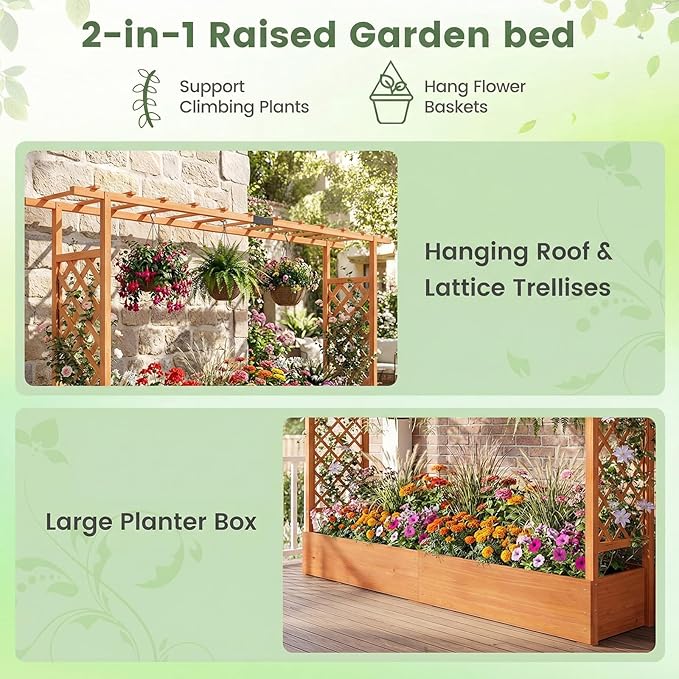 Giantex Wooden Raised Garden Bed with Trellis & Hanging Roof, 2 Pack Fir Wood Planter Box, 45” Freestanding Elevated Garden Bed for Outdoor Climbing Plants Vegetables Flowers, Patio & Balcony, Orange