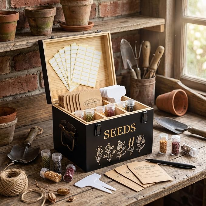 Amyhill 132 Pcs Bamboo Wood Seed Storage Organizer Box with Lid and Safety Locks, 4 Compartments Seed Saving Box with Double-layer Seal Design, Include Jars Envelopes Labels Stickers for Gardener Gift