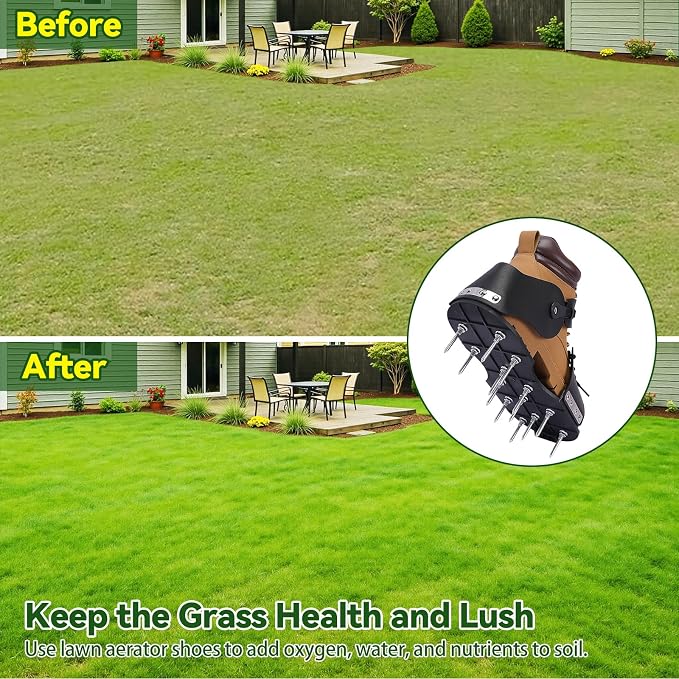 HFH Heavy Duty Lawn Aerator Shoes with Upgraded Ratcheting Buckles | Indestructible nylon soles with 1.75 in spikes. Quick-lock ratcheting buckles ensure an upgraded no-slip secure fit.