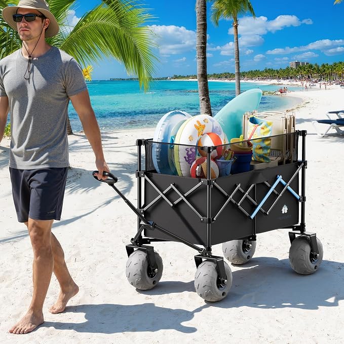 Beach Wagon with Big Wheels for Sand, 450LBS Heavy Duty Foldable Collapsible Wagons Carts with 9" All Terrain Inflatable Tires, Adjustable Capacity 200L–380L for Groceries, Camping, Sports