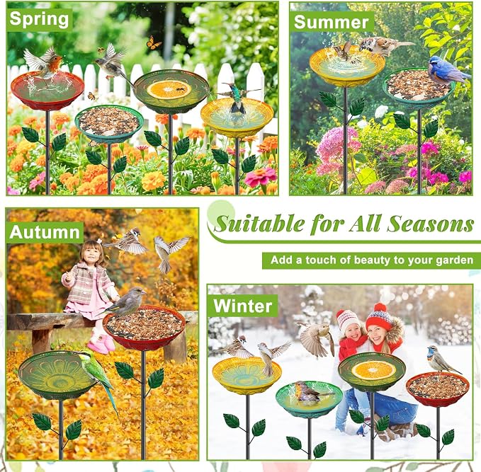 4PCS Flower Bird Baths for Outdoors, 5.9" Metal Hummingbird Bath with Adjustable Stake, Colorful Garden Birdbath Decor Set for Outside Yard Lawn Patio﻿(Datura)
