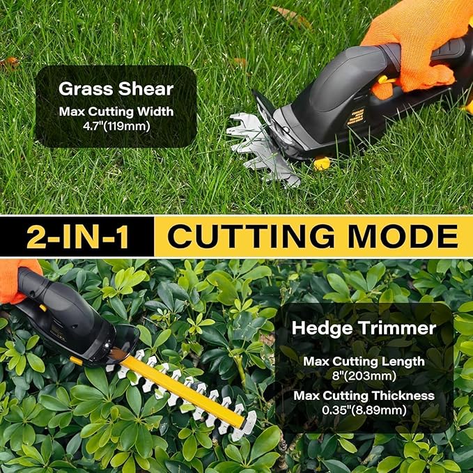 Cordless Hedge Trimmer (Tool Only), Compatible with DeWalt 20V MAX Battery, 2-in-1 Cordless Grass Shear 1500RPM, 3.3 lbs Handheld Shrub Clipper with Battery Protection, 8" & 4.7" Blades (Black)