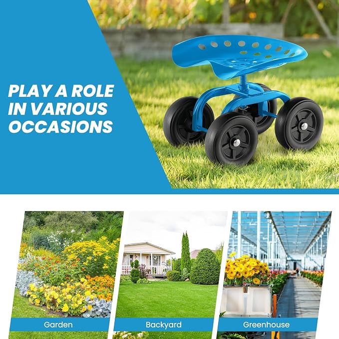 IRONMAX Garden Cart with Seat, Gardening Rolling Stool Scooter with Wheels & Ergonomic Seat for Planting, Wheeled Outdoor Gardening Work Seat for Patio, Yard, Garden (Blue)
