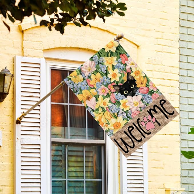 AVOIN colorlife Spring Floral House Flag 28x40 Inch Double Sided Outside, Black Cat Welcome Seasonal Yard Outdoor Flag