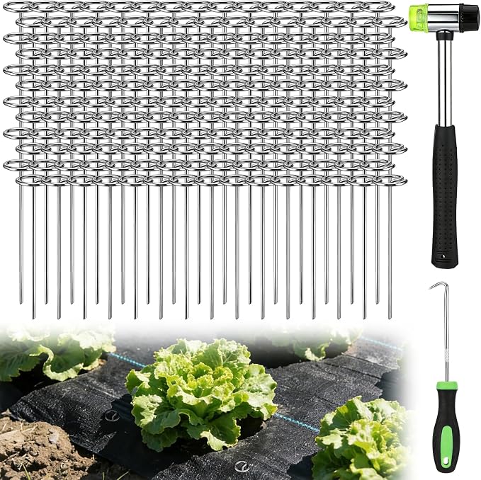 6 Inch Landscape Staples with Hook & Hammer - 200pcs Circle Top Weed Barrier Stakes Kit, 9 Gauge Galvanized Rust-Resistant Garden Fabric Pins, for SOD, Garden Edging, Install & Remove Tools Included