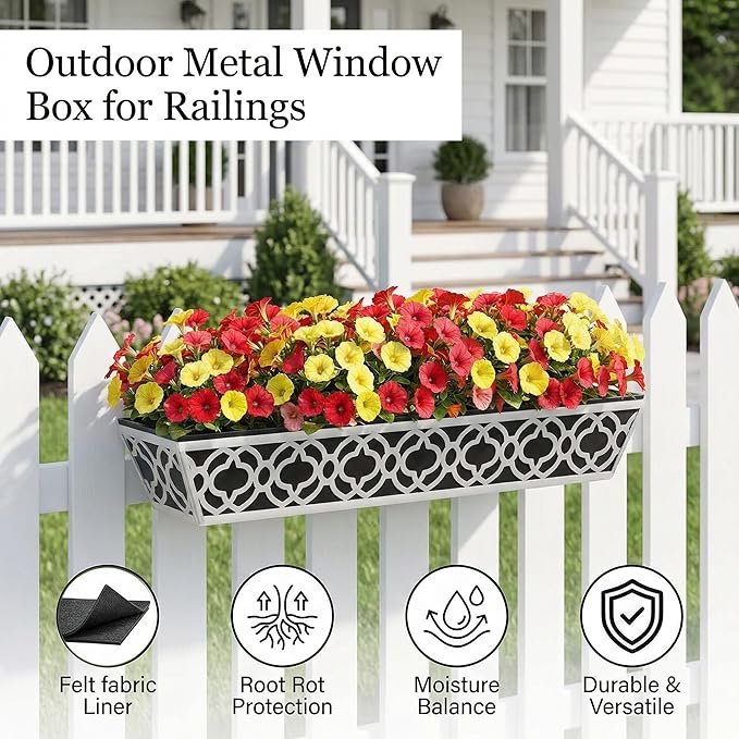2 Pack 36 Inch Railing Planter Boxes with Adjustable Brackets & Non-Woven Liner, Deck Window Hanging Flower Box for Balcony, Fence, Patio, Outdoor Garden, Gray