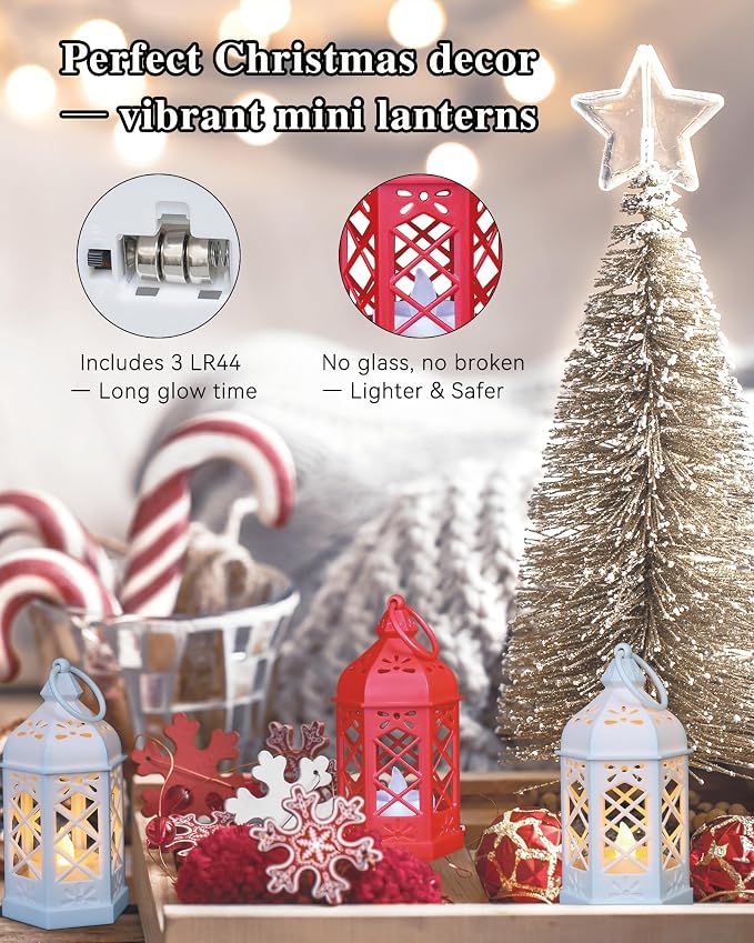 12-Pack Mini Moroccan Lanterns with LED Candle for Ramadan, Wedding, Festivals, Small Decorative Lanterns Shatterproof for Baby Shower & Table Centerpiece, Ornament, Party Decor, White