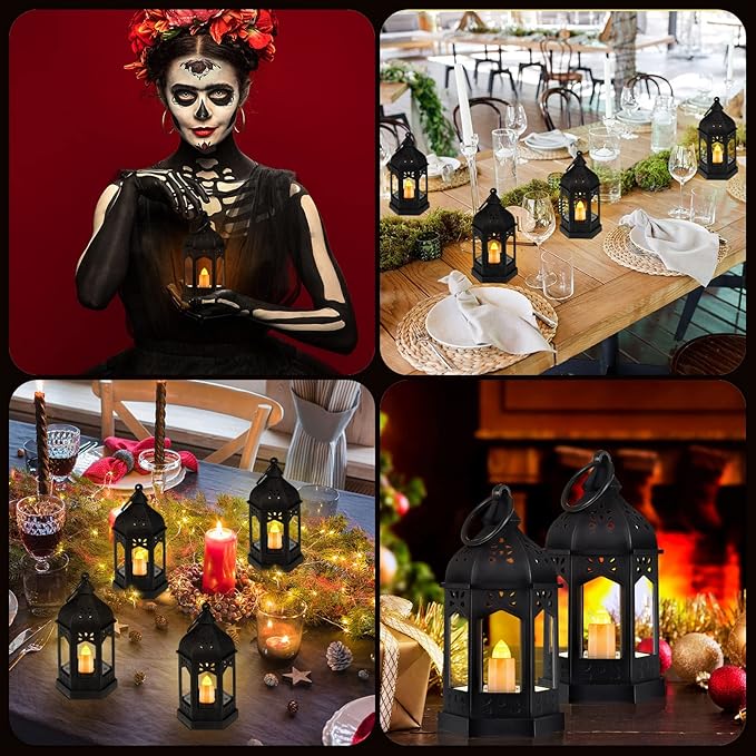 Hortsun 24 Pcs Vintage Lanterns Mini Lantern for Wedding Table Centerpiece Retro Decor with LED Candle Battery Powered Hanging for Medieval Wedding Cowboy Halloween Party Decoration Supplies(Black)