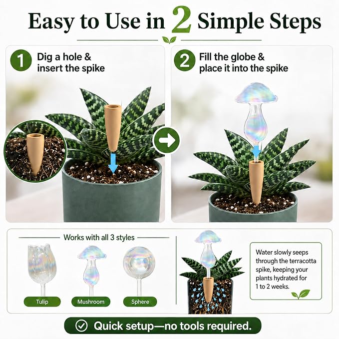HyJeryty Non-Clogging Iridescent 3 Pack Mushroom Plant Watering Globes with Terracotta Spikes, Hand Blown Glass Self Watering Planter Insert Plant Watering Devices Bulbs for Indoor and Outdoor Plants