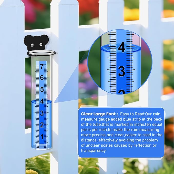 Rain Gauge Outdoor, Rain Gauge Replacement Tube with Stainless Steel Mounting Rack Holder, 7" Clear Large Numbers Rain Gauge Measuring Tool for Garden Yard Lawn Patio Yard Fence and Farm Use (Bear)