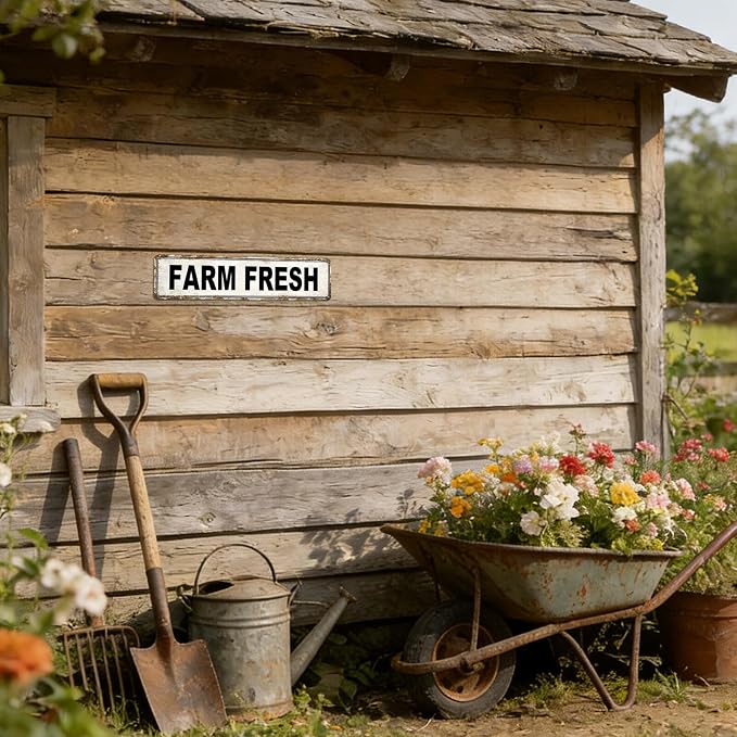 Farm Fresh Metal Tin Sign Chicken Coop Signs for Outside Farm Fresh Eggs Sign Vintage Farmhouse Decor for Chicken Coop, Farmers Market & Farm Stand Kitchen Wall Decor 4 ×16 Inch