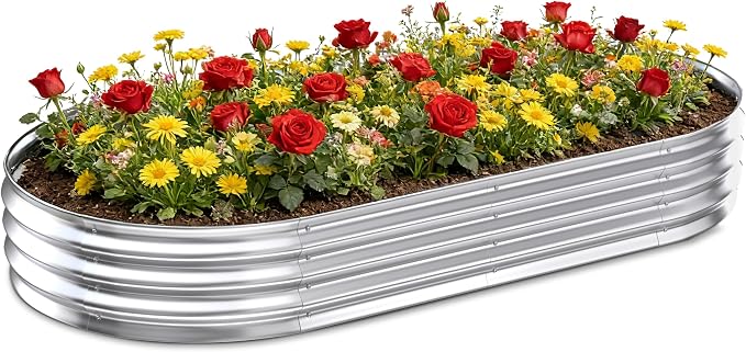 Galvanized Raised Garden Bed Outdoor, 8x4x1ft Metal Heavy Duty Planter Boxes for Gardening, Easy Assemble Large Oval Plant Container Kit for Vegetables, Flowers, Fruits, Silver, 1 Pack