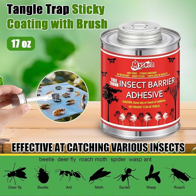 Sticky Coating Trap with Brush 17 oz Insect Barrier Coating Sticky Insect Trap Glue Outdoor DIY Adhesive Fly Glue Deerflies Lanternfly Mosquito for Orchard Garden Protect Trees Plants