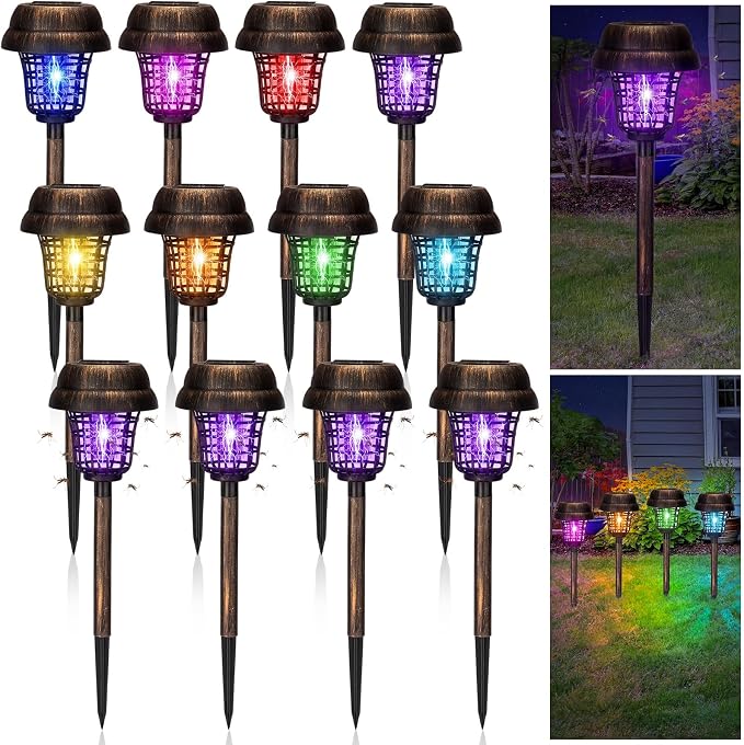 Qualirey 12 Pcs Solar Mosquito Zapper Outdoor Waterproof Solar Powered Bug Zapper Outdoor Mosquito Killer Lamp Trap Repellent Light for Garden Yard Insect (Purple and Colorful Light,Bronze)