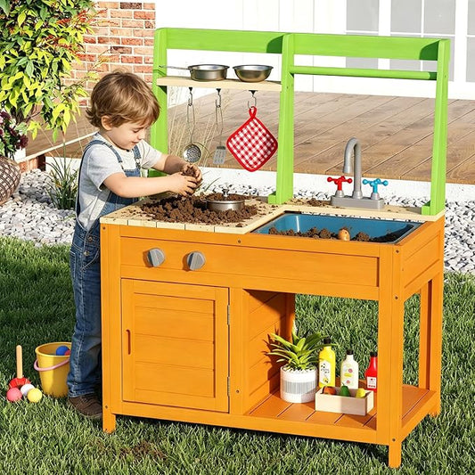 HONEY JOY Mud Kitchen, Fir Wood Outdoor Play Kitchen for Toddlers, Stove, Faucet, Sink, Cookware Accessories, Storage Cabinet, Mud Table Playset for Kids Backyard, Gift for Boys Girls, Natural