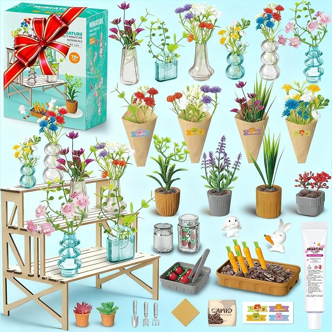 70 Pcs Make It Miniature Brands Nature Garden Plants Set with Wood Display Stand, Mini Botanical Collectibles, Paper Flower Bouquet DIY Craft Kit, Mini Greenhouse Toy Gift for Kids and Adults (Brown)