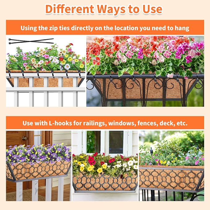 Riare 4 Pack 16 Inch Window Boxes Planters with Coco Liner, Metal Deck Railing Planter Boxes, Balcony Planters Railing Hanging, Horse Trough Window Flower Planter Boxes for Outdoor Porch Fence Patio