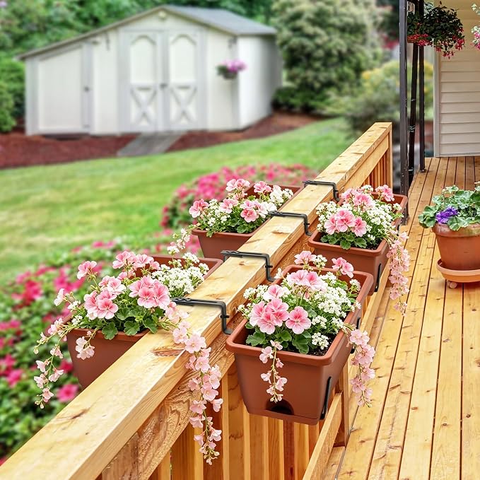 Sunexinlo 4-Pack Railing Planter Boxes with Double-Sided Adjustable Brackets, Plastic Rectangular Flower Boxes with Drainage Holes and Trays for Outdoor Balcony, Deck, Patio, Porch, Fence, Brick Red